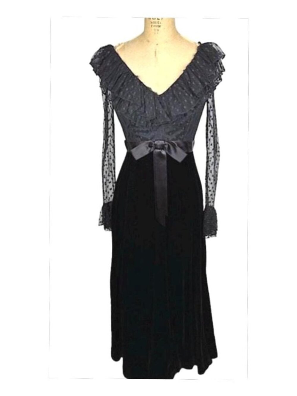 1960s black velvet and lace gown with lace sleeves Size S/M